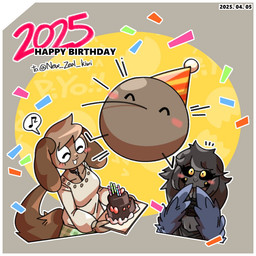 4_eyes anthro birthday birthday_cake birthday_candle black_hair black_sclera blush border breasts brown_body brown_ears brown_fur brown_hair brown_tail cake candle clothed clothed_anthro clothed_female clothing confetti dessert duo eyelashes eyes_closed female female_anthro food fur hair happy_birthday hat headgear headwear multi_eye musical_note musical_symbol party_hat shirt symbol tail text topwear white_border lnb anna_holiday canid canine canis domestic_dog mammal 1:1 2025 dated digital_media_(artwork) english_text