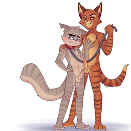 anthro anthro_on_anthro balls bdsm bite biting_lip biting_own_lip blue_eyes blush brown_eyes claws collar countershading duo erection fangs foreskin fur genitals grey_body grey_fur humanoid_genitalia humanoid_penis intraspecies leash looking_at_viewer male male/male master navel nude orange_body orange_fur penis petplay roleplay self_bite simple_background smile standing submissive submissive_male teeth white_background yellow_sclera enookie lackadaisy dorian_zibowski rocky_rickaby domestic_cat felid feline felis mammal 1:1 digital_media_(artwork) hi_res