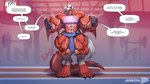 16:9 agonwolfe anthro athletic_wear biped claws digitigrade dragon english_text female gym hair hi_res humanoid muscular mythological_creature mythological_scalie mythology red_body scalie silver_hair tail text toe_claws widescreen wrappings