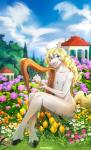 5_fingers anthro balls blonde_hair blue_eyes cloud daisy_(flower) day detailed_background fingers flower fur genitals hair harp hooves long_hair male musical_instrument outside plant plucked_string_instrument sitting sky smile solo string_instrument tulip_(flower) white_body white_fur hihikori equid equine horse mammal hi_res