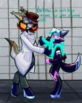 anthro boots clothing coat duo eyewear footwear gas_mask gloves goggles handwear heterochromia intersex intersex/male lab_coat latex latex_clothing latex_skinsuit male mask shoes skinsuit tight_clothing topwear mossky grajess canid canine felid feline fox hybrid mammal