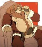 anthro balls belt body_hair chair clothing costume erection eyewear furniture genitals glasses happy_trail looking_at_viewer male mane nipples overweight overweight_male penis pubes santa_costume sitting slightly_chubby solo basch felid lion mammal pantherine hi_res