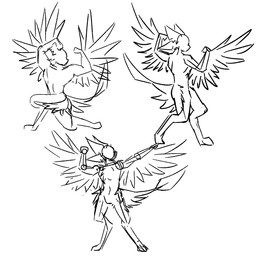 anthro duo feathered_wings feathers group machine multi_ear simple_background solo tail trio white_background winged_arms wings isi_avalibot avali avian 1:1 hi_res monochrome sketch