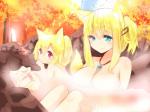 autumn blonde_hair blue_eyes breasts duo female fox_tail hair hot_spring jewelry long_hair looking_at_viewer pendant purple_eyes red_eyes steam water naomi_(sekai_no_hate_no_kissaten) akane_futaba aoi_futaba animal_humanoid canid canid_humanoid canine canine_humanoid fox fox_humanoid human humanoid mammal mammal_humanoid 4:3