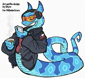 4_fingers apode beverage blue_body blue_scales checking_phone chile_flag clothing coffee electronics eyewear fingers glasses headphones horn jacket legless long_body looking_at_item orange_eyewear orange_glasses phone red_clothing red_shirt red_topwear scales serpentine shirt stainding topwear visor yellow_eyes draconcopode naga reptile scalie snake original_character