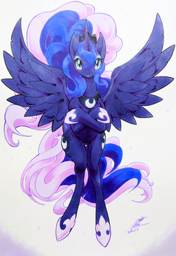 ambiguous_gender blue_body blue_eyes blue_feathers blue_mane blush blush_lines crown cutie_mark eyelashes feathered_wings feathers featureless_crotch feral flying headgear horn looking_at_viewer mane open_mouth solo tail tiara wings 025aki friendship_is_magic hasbro my_little_pony mythology princess_luna_(mlp) equid equine mammal mythological_creature mythological_equine winged_unicorn 2026 absurd_res dated hi_res signature female_(lore)