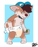 annoyed anthro blue_baseball_cap blue_cap bodily_fluids brown_body brown_eyes brown_fur brown_hair brown_nose clothed clothing collar diaper diaper_only fur fur_tuft genital_fluids hair holding_diaper holding_game_boy looking_at_diaper male multicolored_body sagging_diaper short_hair solo toddler tongue tongue_out topless touching_diaper tuft two_tone_body unclean_diaper urine used_diaper wearing_diaper wet_diaper white_body white_fur young bbawua kenjipup akita akita_inu canid canine canis domestic_dog mammal spitz hi_res