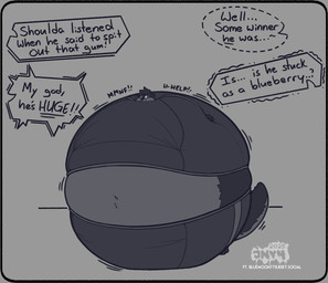 anthro belly belly_expansion belly_inflation blueberry_inflation body_inflation clothed clothing dialogue expansion fur immobile inflation logo male motion_lines muffled navel offscreen_character scared solo speech_bubble spherical_inflation sunken_limbs swollen_cheeks text tracksuit jn_y4 mammal mustelid otter 2025 artist_logo english_text hi_res
