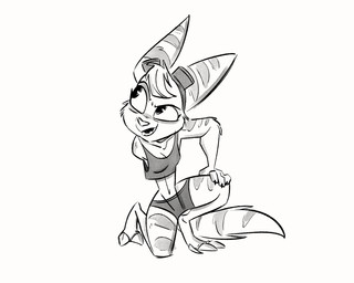 1_missing_limb amputee anthro barefoot clothed clothing disability eyewear feet female goggles kneeling looking_aside midriff missing_arm solo toes fluttershythekind ratchet_and_clank sony_corporation sony_interactive_entertainment rivet_(ratchet_and_clank) lombax mammal greyscale hi_res monochrome