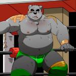 anthro blood bodily_fluids boots clothed clothing footwear kemono male musclegut muscular navel nipples one_eye_closed shoes solo topless wounded wrestling_briefs shiba-kenta daigo_kumano bear mammal 1:1