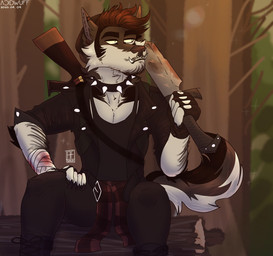 anthro arm_hair bandage blood blood_on_weapon bodily_fluids body_hair brown_body brown_fur brown_hair cheek_tuft clothed clothing collar ear_piercing ear_ring facial_piercing facial_tuft forest front_view fur gauged_ear hair holding_object holding_weapon log logo male mouth_closed narrowed_eyes neck_tuft nose_piercing open_clothing open_shirt open_topwear outside piercing plant ring_piercing septum_piercing shirt short_hair sitting solo spiked_collar spikes tank_top topwear tree tuft weapon white_body white_fur wood acidwuff canid canine canis domestic_dog husky mammal nordic_sled_dog spitz 2020 artist_logo dated hi_res