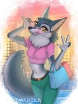 anthro bag bottomwear breasts canid canine canis clothed clothing crop_top digital_media_(artwork) eyewear female fingers fur glasses illumination_entertainment imanika looking_at_viewer mammal navel outside pants pink_eyewear pink_glasses porsha_crystal shirt simple_background sing_(movie) smile solo tail topwear wolf yellow_eyes