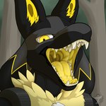 anthro black_body black_fur bodily_fluids fangs fur looking_at_viewer male mouth_shot narrowed_eyes open_mouth saliva saliva_on_tongue saliva_string solo teeth tongue uvula yellow_body yellow_eyes yellow_fur yellow_tongue arkailart nintendo pokemon whucario generation_4_pokemon lucario pokemon_(species) 1:1 hi_res male_(lore)