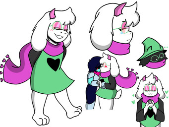 anthro blush clothed clothing duo eyewear fur glasses hair horn male male/male scarf simple_background white_body white_fur enderbendr deltarune undertale_(series) kris_dreemurr ralsei bovid bovine caprine darkner goat human mammal 4:3 hi_res