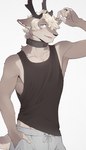 5_fingers anthro antlers brown_body brown_fur clothed clothing countershade_face countershade_fur countershade_neck countershade_tail countershading fingers fur hair horn male ring_(jewelry) smile solo tail luxury_gin deer mammal absurd_res hi_res