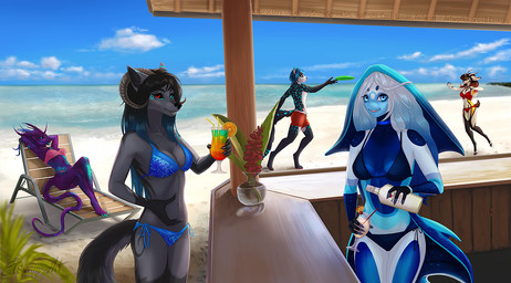 beach bikini black_nose black_sclera blue_eyes clothing day detailed_background duo_focus female fur grey_body grey_fur group heterochromia horn male outside purple_body purple_skin sand seaside sky smile sun swimwear tail two-piece_swimsuit etskuni mythology isla_(airheart) zahra_(airheart) antelope aquatic bovid canid canine canis dragon eagle_ray felid fish gazelle hybrid lizard mammal mythological_creature mythological_scalie ray_(fish) reptile scalie wolf 2018 digital_media_(artwork)
