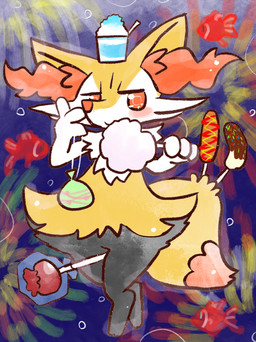 ambiguous_anthro ambiguous_gender anthro apple banana biped blush candy candy_apple corndog cotton_candy dessert digitigrade dipstick_tail featureless_crotch fireworks food front_view fruit holding_bag looking_at_viewer markings object_between_legs object_in_tail plant shaved_ice snout solo standing tail tail_markings annyui0611 nintendo pokemon ambient_fish ambient_sealife braixen canid generation_6_pokemon mammal pokemon_(species) 2022 absurd_res digital_drawing_(artwork) digital_media_(artwork) full-length_portrait hi_res japanese_description portrait translated_description