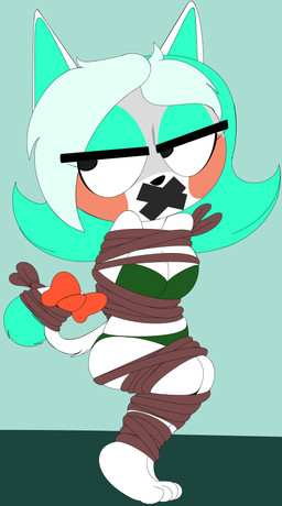 accessory arms_tied bdsm blue_hair bondage bound bow_ribbon breasts cleavage clothed clothing female furgonomics gag hair legs_tied panties ribbons solo tail tail_accessory tail_bow tail_ribbon underwear white_body white_hair unknown_artist glitch_productions smg4 karen_(smg4) domestic_cat felid feline felis mammal absurd_res hi_res