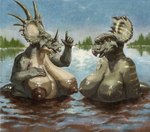 anthro areola bathing bathing_together beak belly big_breasts big_nipples breasts brown_areola brown_nipples casual_nudity ceratopsian curvy_figure dinosaur duo elderly_female english_text female green_areola green_nipples hi_res horn huge_breasts huge_nipples judith_(upai) mature_female nipples nude old ornithischian overweight overweight_female partially_submerged reptile sagging_breasts scalie slightly_chubby slightly_chubby_female social_nudity styracosaurus text upai voluptuous water