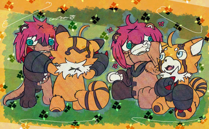 ahoge anthro blue_eyes brown_body brown_fur container cup cybernetics duo female fur green_eyes gun_arm hair machine male orange_body orange_fur pink_hair plushie sharp_teeth tea_cup teeth text weapon_arm yogurtpubes bandai_namco digimon digimon_beatbreak animate_inanimate cyborg digimon_(species) living_plushie ludomon pristimon absurd_res english_text hi_res