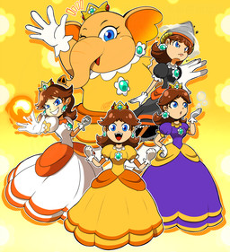 alternative_fashion anthro blue_eyes breasts brooch brown_hair clothing crown dress drill ear_piercing ear_ring female fire gesture gloves group hair handwear headgear hime_lolita j-fashion jewelry lolita_(fashion) looking_at_viewer one_eye_closed open_mouth piercing puffy_sleeves ring_piercing serious smug tomboy waving wink 17ina47 mario_bros nintendo super_mario_bros_wonder elephant_daisy princess_daisy elephant elephantid human mammal proboscidean hi_res