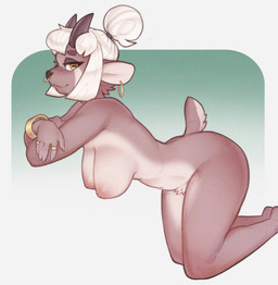 2_horns 5_fingers anthro big_breasts black_horn bracelet breasts crotch_tuft digit_ring ear_piercing ear_ring eyebrows eyelashes facial_piercing feet female female_anthro finger_ring fingers fur hair hair_bun hanging_breasts horizontal_pupils horn humanoid_feet humanoid_hands jewelry looking_at_viewer nose_piercing nose_ring nude nude_anthro nude_female piercing plantigrade pupils ring_piercing scut_tail short_tail side_view smile solo tail tan_body tan_fur tuft white_hair yellow_eyes ribbongrove anya_(ribbongrove) bovid caprine goat mammal hi_res