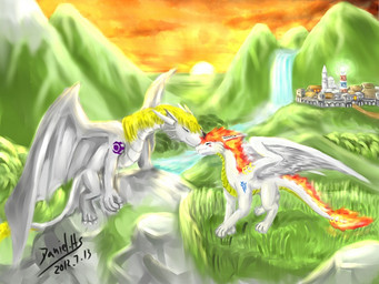 ambiguous_gender blonde_hair cloud detailed_background duo feathered_wings feathers feral fire hair horn love membrane_(anatomy) membranous_wings nude outside red_hair romantic romantic_ambiance romantic_couple side_view sky sunset tail wings dgook mythology dragon mythological_creature mythological_scalie scalie 2012 4:3