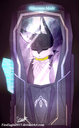 anthro big_ears black_body black_fur blush cheek_tuft collar countershading cryo_pod cryopod facial_tuft fur heart_symbol hibernation male sleeping solo technology text tuft senz sean_(senz) iradeon hi_res url
