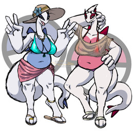3_toes anthro beachwear belly big_breasts bikini breasts clothing digitigrade duo fat_belly feet female footwear sandals shoes swimwear toes two-piece_swimsuit zimakum nintendo pokemon generation_2_pokemon legendary_pokemon lugia pokemon_(species) colored_sketch hi_res sketch