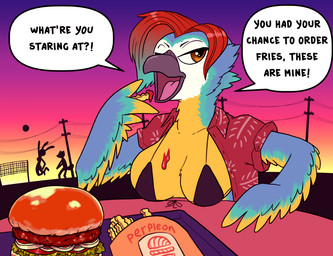 aloha_shirt anthro beach bikini bikini_top breasts burger clothing dialogue fast_food female food food_on_breasts non-mammal_breasts pattern_clothing pattern_shirt pattern_topwear seaside shirt solo sport sunset swimwear text topwear two-piece_swimsuit volleyball perpleon tess_foster_(ollythefoxcoon) avian bird macaw neotropical_parrot parrot true_parrot english_text