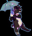 ambiguous_gender anthro black_body black_fur black_hair chibi digitigrade feather_accessory featureless_crotch fur grey_body grey_fur hair happy holding_object holding_umbrella nude on_one_leg outline purple_outline short_tail simple_background smile snout solo standing tail tan_body tan_fur teal_inner_ear teal_nose teal_umbrella transparent_background umbrella jaspering bear mammal 2017 alpha_channel cel_shading digital_drawing_(artwork) digital_media_(artwork) full-length_portrait portrait shaded