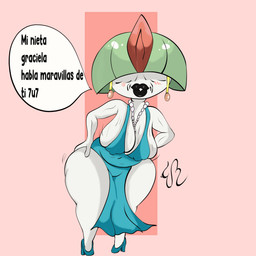 anthro big_breasts breasts clothing elderly elderly_female female footwear high_heels looking_at_viewer mature_anthro mature_female not_furry overweight overweight_female shoes simple_background smile solo text thick_thighs wide_hips eddiebrije nintendo pokemon gertrudis generation_3_pokemon pokemon_(species) ralts 1:1 absurd_res hi_res