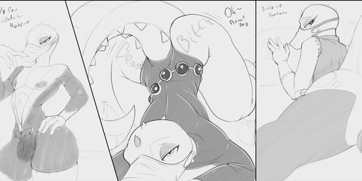 backsack ball balls bedroom_eyes bulge clothed clothing genitals male mask narrowed_eyes penis presenting presenting_penis seductive text wearing_mask scalesindark crocodilian reptile scalie absurd_res hi_res monochrome sketch sketch_page url