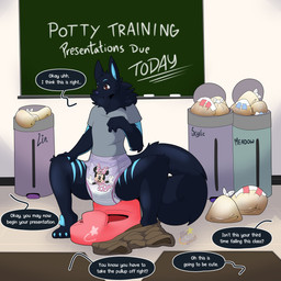 ageplay anthro balled_up_diaper black_body black_fur blue_body blue_fur bottomwear bottomwear_down classroom clean_diaper clothed clothing dialogue diaper diaper_pail discarded_diaper feces female fluffy fluffy_tail fur hand_on_knee hand_on_leg infantilism inside neck_tuft pants pants_down pantsless partially_clothed potty potty_training pull-ups_(diaper) roleplay school shirt solo squatting_pose tail talking_to_another text topwear tuft maynara canid canine canis mammal wolf 1:1 english_text hi_res