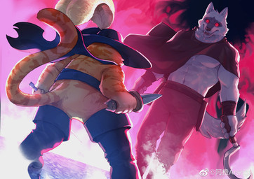 4_fingers abs action_pose anthro arm_wraps belt biceps biped black_cloak black_clothing black_nose black_sclera bodily_fluids boots bottomwear cape claws cloak clothed clothing colored_fire dagger dual_wielding duo fingers fire fire_background footwear fur grey_body grey_fur grin hat headgear headwear holding_object holding_weapon hood low-angle_view male melee_weapon multicolored_body multicolored_fur muscular muscular_male orange_body orange_fur pants pecs perspective pose rapier red_eyes sharp_teeth shoes sickle size_difference smile sweat sweatdrop sword tail teeth two_tone_body two_tone_fur weapon wraps youhei79384157 dreamworks puss_in_boots_(franchise) death_(puss_in_boots) puss_in_boots_(dreamworks) canid canine canis domestic_cat felid feline felis mammal wolf 2023 absurd_res hi_res