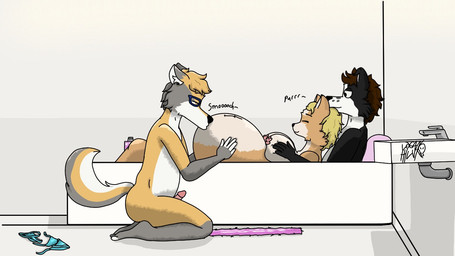 anthro bathroom belly big_belly big_breasts breasts clothing female genitals group huge_belly hyper hyper_belly hyper_pregnancy male male/female penis pregnant pregnant_anthro pregnant_female swimwear trio loganhilux34 amy_catmum_(loganhilux34) logan_(loganhilux34) border_collie canid canine canis collie domestic_cat domestic_dog felid feline felis herding_dog mammal pastoral_dog sheepdog 16:9 widescreen
