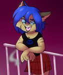 2017 4_fingers alpha_channel anthro arm_tuft biped black_clothing black_eyewear black_glasses black_lipstick black_mouth black_piercing black_shirt black_topwear black_whiskers blue_eyebrows blue_eyes blue_hair blue_sclera bottomwear breasts brown_ears brown_markings brown_stripes cheek_tuft chest_tuft cigarette cigarette_smoke clothed clothed_anthro clothed_female clothing colored digital_drawing_(artwork) digital_media_(artwork) ear_piercing ear_ring elbow_tuft eyebrows eyewear facial_tuft fangs felid feline felis female female_anthro fingers front_view fur fur_tuft glasses hair holding_cigarette holding_object kabula_(artist) kim_maillard leaning_on_railing lipstick looking_aside makeup mammal markings no_pupils open_mouth pattern_bottomwear pattern_clothing pattern_skirt piercing pink_nose pink_tongue plaid plaid_bottomwear plaid_clothing plaid_skirt portrait prick_ears purple_background railing red_bottomwear red_clothing red_skirt ring_piercing round_glasses shaded shirt simple_background skirt smoke smoking solo standing striped_arms striped_cheeks stripes stud_piercing tan_body tan_fur tan_inner_ear tan_tuft teeth three-quarter_portrait tongue tongue_piercing topwear transparent_background tuft whiskers wildcat