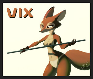 anthro breasts clothing female nipples nude simple_background solo tail text juanp1arts vix_(a_space_tail) canid canine fox mammal red_fox true_fox absurd_res hi_res