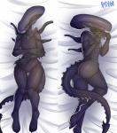 blush butt dakimakura female genitals lying not_furry pussy sharp_teeth smile solo teeth badenov alien_(franchise) alien xenomorph 2014 dakimakura_design hi_res