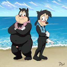 3_toes 4_fingers anthro balls barefoot beach black_body black_fur blush clothing duo embarrassed erection feet fingers forced forced_exposure fur genitals gloves gloves_only handwear handwear_only holding_arm humanoid_genitalia humanoid_penis lei male mostly_nude navel nude nude_anthro nude_male penis sea slightly_chubby toes water young young_anthro young_male darkwolf79 disney goof_troop max_goof pj_(goof_troop) canid canine canis domestic_dog felid feline mammal 1:1 absurd_res hi_res
