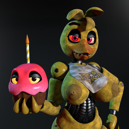 ambiguous_gender anthro areola beak bib big_breasts black_background breasts carrying_another dark_areola dark_nipples duo eyebrows female food hand_on_hip looking_at_viewer machine nipples non-mammal_breasts non-mammal_nipples profanity red_eyes sharp_teeth simple_background smile smiling_at_viewer teeth yellow_body yellow_sclera octal octal_(modeler) five_nights_at_freddy's scottgames chica_(fnaf) classic_chica_(fnaf) cupcake_(fnaf) animatronic avian bird chicken food_creature galliform phasianid robot robot_anthro 1:1 2025 3d_(artwork) digital_media_(artwork) hi_res