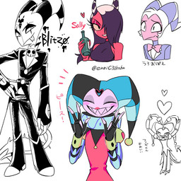 2_horns anthro black_hair blush breasts clothing eye_scar eyelashes facial_scar female fool's_hat glass_bottle group hair hair_over_eye hat headgear headwear heart_symbol horn male medium_breasts not_furry red_body red_skin scar sharp_teeth simple_background teeth text white_background white_hair enaic31 hellaverse helluva_boss blitzo_(helluva_boss) fizzarolli_(helluva_boss) moxxie_(helluva_boss) sallie_may_(helluva_boss) demon demon_humanoid humanoid imp 1:1 character_name japanese_text translation_request trans_(lore) trans_woman_(lore)