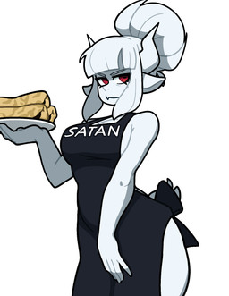 anthro apron apron_only clothed clothing female food horn looking_at_viewer pancake simple_background skimpy solo text white_background muds helltaker goat_lucifer_(helltaker) animal_humanoid bovid bovid_humanoid caprine caprine_humanoid goat goat_humanoid humanoid mammal mammal_humanoid hi_res