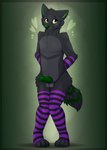 4_toes anthro balls black_body black_eyebrows black_fur black_tail black_toes blep blush blush_lines chevron_(marking) claws clothing digitigrade erection eye_reflection eyebrows feet fingers fluffy fur genitals glistening glistening_eyes green_background green_claws green_ears green_eyes green_markings green_nose green_penis green_tongue grey_balls grey_body grey_fur heart_(marking) knot leg_tuft legwear looking_at_viewer male markings neck_tuft one_ear_up paws penis purple_clothing purple_legwear purple_stockings reflection shy simple_background snout solo stockings tail tail_tuft thick_thighs thigh_high_stockings thigh_highs thigh_tuft toes tongue tongue_out tuft yellow_sclera tiredlittlelucy ascii_fiffendahl canid canine canis mammal wolf absurd_res full-length_portrait hi_res portrait