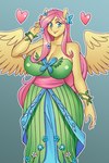 anthro big_breasts breasts butterfly_(accessory) cleavage clothed clothing dress feathered_wings feathers female heart_symbol huge_breasts long_dress looking_at_viewer outline solo spread_wings wide_hips wings yellow_body yellow_feathers yellow_wings nauth friendship_is_magic hasbro my_little_pony mythology fluttershy_(mlp) equid equine mammal mythological_creature mythological_equine pegasus 2:3 absurd_res hi_res