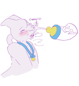 abdl anthro blush bottle container eyes_closed horn male male_anthro milk nude open_mouth pacifier pink_body pink_horn side_view simple_background solo white_background hardscales nintendo pokemon generation_1_pokemon legendary_pokemon mewtwo pokemon_(species) bust_portrait hi_res portrait