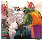 abs anthro anthro_on_anthro balls biceps big_muscles big_penis biped bottomwear clothed clothing dumbbell duo erection exercise eyes_closed fangs flexing foreskin fully_clothed fur genitals grabbing green_body green_scales grey_body grey_fur gym hand_holding huge_muscles humanoid_genitalia humanoid_penis interspecies looking_at_viewer male male/male mask muscular muscular_male nipples obliques open_mouth pants partially_clothed partially_exposed_penis partially_retracted_foreskin pecs penis scales sharp_teeth shirt shorts sitting smile snout standing stripes tank_top teeth thick_thighs tongue topless topwear triceps underwear undressing vein veiny_penis weightlifting weights white_body white_fur workout kalchivo alligator alligatorid crocodilian felid mammal pantherine reptile scalie tiger 2017 absurd_res digital_media_(artwork) hi_res