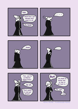 anthro bell bell_collar clothing coat collar dialogue fur male solo text topwear white_body white_fur royal_feline prince_(royal_feline) domestic_cat felid feline felis mammal absurd_res comic english_text hi_res