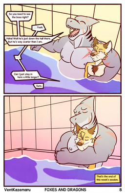 anthro bath chest_tuft cuddling dialogue duo ear_piercing ear_ring hug male male/male nipples piercing ring_piercing scar text tuft whiskers ventkazemaru aquatic canid canine fennec_fox fish fox mammal shark true_fox english_text hi_res multiple_scenes