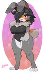 abstract_background anthro black_body black_fur black_hair breasts cleavage clothed clothing female fluffy fur fur_clothing grey_body grey_fur hair hair_over_eye kemono long_ears looking_at_viewer multicolored_body neck_tuft nude orange_body orange_fur paws red_eyes short_stack smile solo standing thick_thighs tuft arumo lagomorph leporid mammal rabbit 5:8 absurd_res hi_res